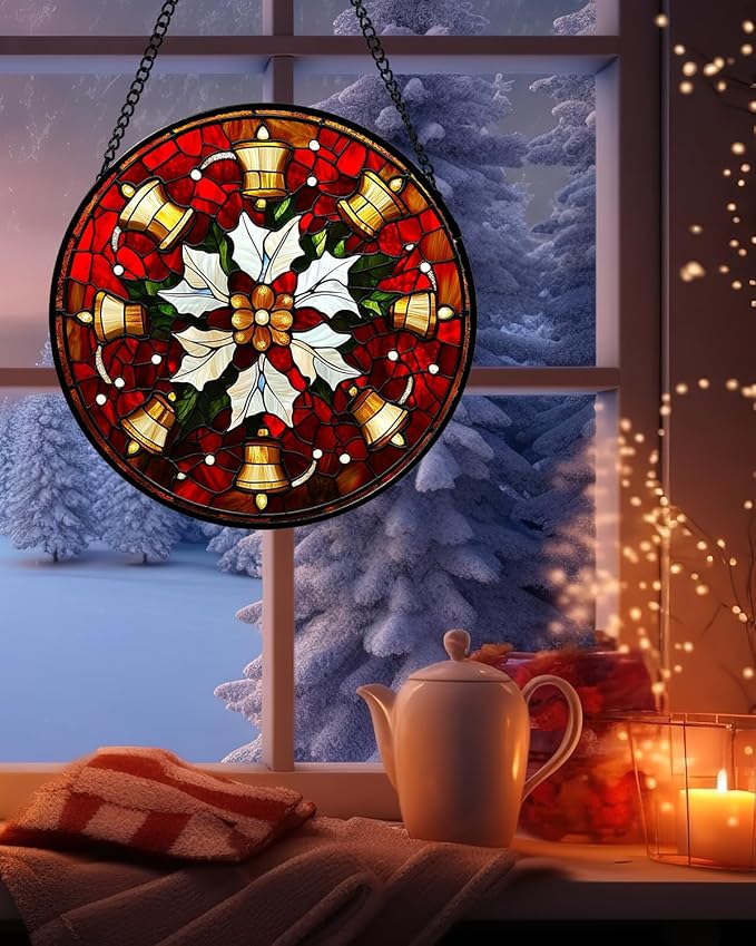Stained Glass Window Hanging - Golden Bells Flowers Suncatcher for Doors Home Christmas Decoration Winter Sun Catcher Thanksgiving New Year Birthday Gift for Friend Women Men Mom Nana 9.8 in