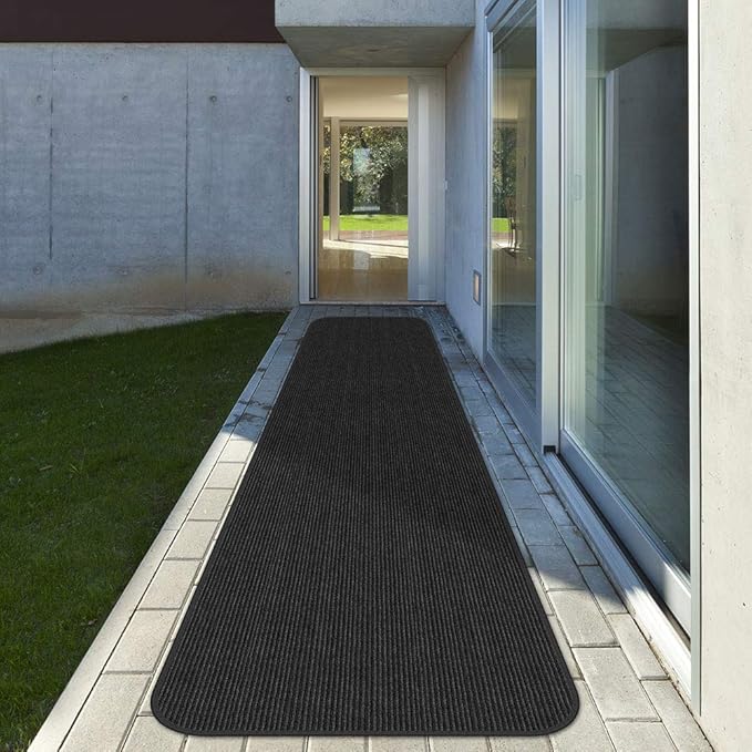 House, Home and More Indoor Outdoor Double-Ribbed Carpet Runner with Skid-Resistant Rubber Backing - Smokey Black - 4 Feet x 25 Feet