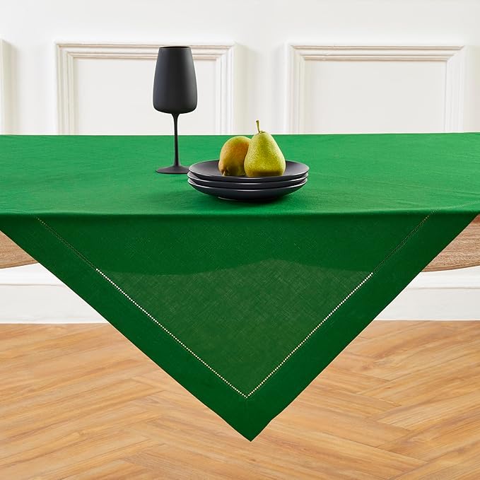 Solino Home Linen Tablecloth 52 x 52 Inch - 100% Pure Linen Garden Green Square Tablecloth - Classic Hemstitch, Machine Washable Table Throw for Christmas