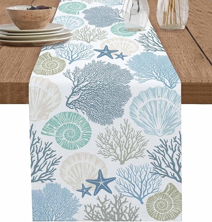 Coastal Coral Cotton Linen Table Runner for Dining Kitchen, Wedding Outdoor Party Tablerunners Decoration, Blue Nautical Starfish Ocean Shell Beach Dresser Scarf Coffee Tablecloth Runners 13x72 Inches