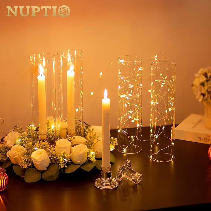 NUPTIO Candle Stick Candle Holder: Set of 20 Short Taper Candlestick Holders Bulk Small Modern Glass Tapered Candleholders for Wedding Christmas Holiday Centerpiece