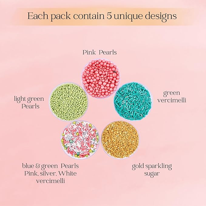 Confect Cool Mom Sprinkles Mix – 5 Pack Assorted Cake & Cupcake Decorations (Teal Jimmies, Green Dragees, Pink Pearls, Sparkling Gold Sugar) –Fun Dessert Toppings for Baking, Parties & Gifts – Vegan, Gluten-Free, Nut-Free, Soy-Free, Dairy-Free, Palm Oi...