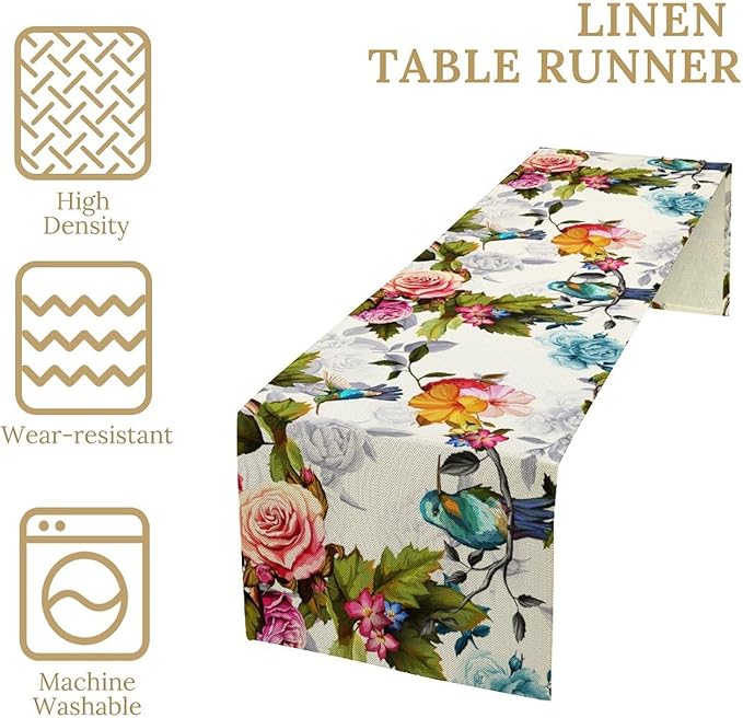 Hummingbird Table Runner,Vintage Floral Country Style Table Cloth Home Kitchen Restaurant Party Decoration 13x120 Inch
