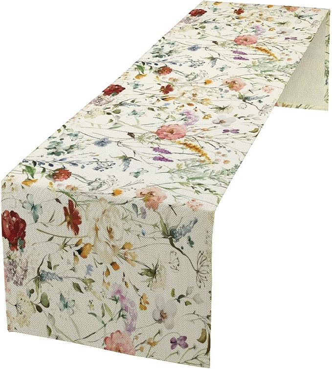 Floral Butterfly Table Runner,Rustic Colorful Flower Botanical Watercolor Pattern Print Burlap for Hotel Indoors Outdoor Dining Room Kitchen Holiday Party, 13x60in