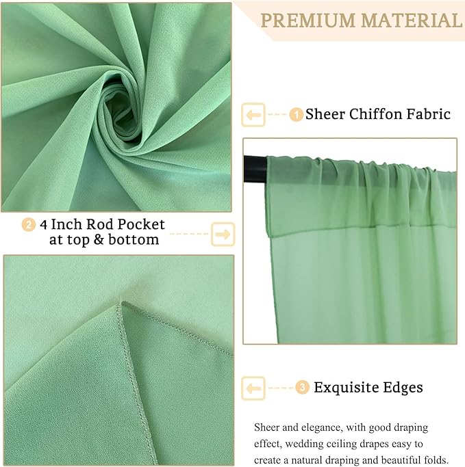 MODFUNS Ceiling Drapes for Weddings Sage Green Ceiling Draping Fabric 2 Panels 5x30ft Chiffon Wedding Arch Drapery Sheer Curtain Drapes Voile Ceiling Curtain for Wedding Party Ceiling Decor