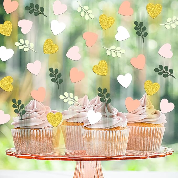 200PC Heart Wedding Confetti Greenery Eucalyptus Table Scatters for Pink and Sage Green Bridal Shower/Birthday/Baby Shower/Bachelorette Party Decoartions