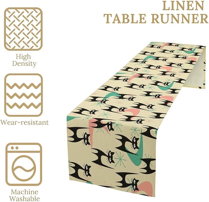 Mid Century Table Runner,Cat Geometric Stripe Colorful Abstract Pattern Print Tablecloth Burlap for Hotel Indoors Outdoor Dining Room Kitchen Holiday Party, 13x90in