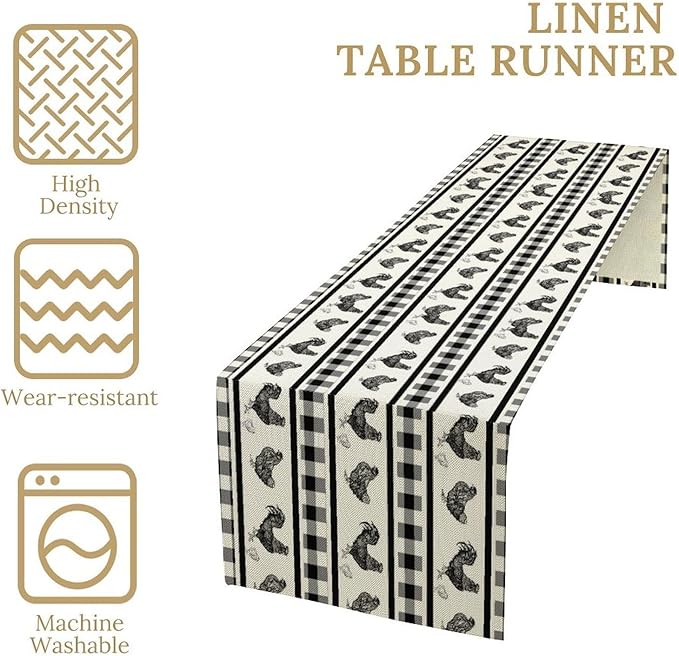 Rooster Table Runner,Farmhouse Animal Vintage Chicken Black White Plaid Check Tablecloth Burlap for Hotel Indoors Outdoor Dining Room Kitchen Home Decor,W13X L70 in