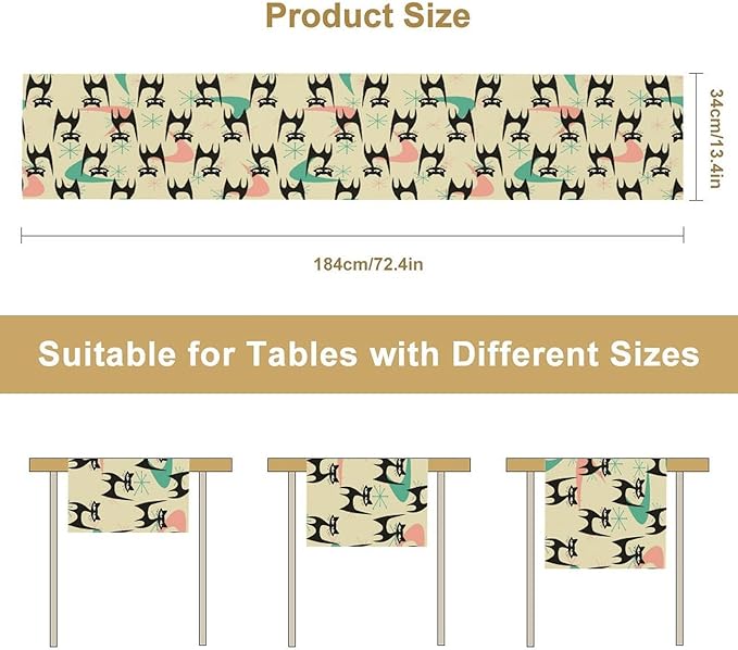 Mid Century Table Runner,Cat Geometric Stripe Colorful Abstract Pattern Print Tablecloth Burlap for Hotel Indoors Outdoor Dining Room Kitchen Holiday Party, 13x108in