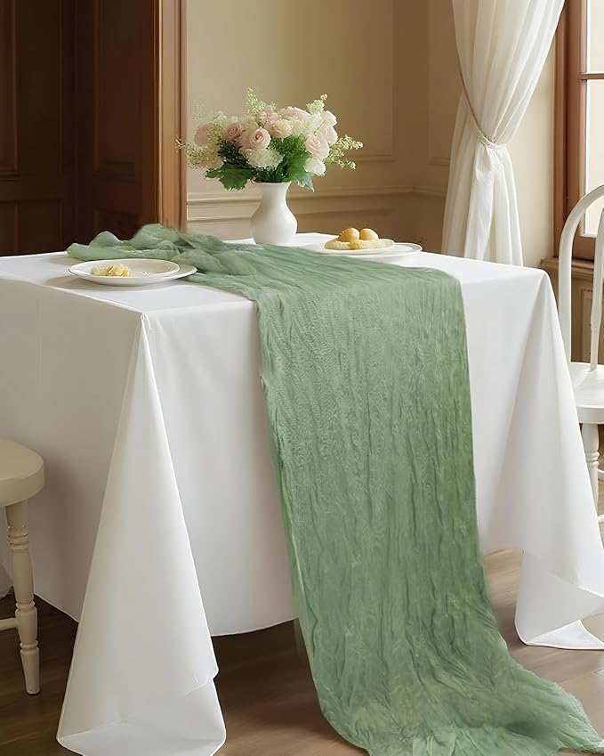 Sage Green Cheesecloth Table Runner 120 Inch, Boho Rustic Gauze 10 FT, Summer Cheese Cloth Runner for Wedding, Baby Bridal Shower, Party, Farmhouse Centerpiece Home Decorations