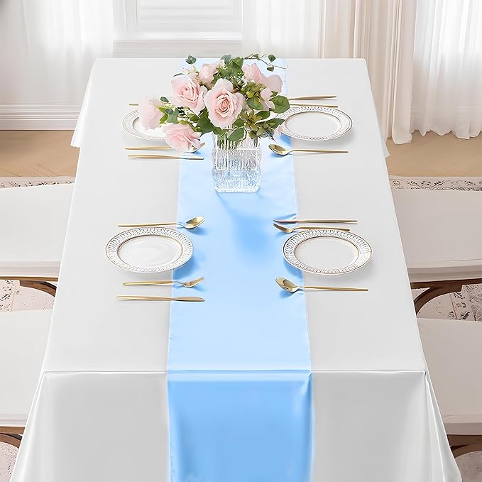SHEJIZE 2 Pack Light Blue Satin Table Runner 12x108 Inches Long, Bright Silky Smooth Satin Table Runner Table Decor for Wedding Banquet Christmas Prom Event Birthday Party