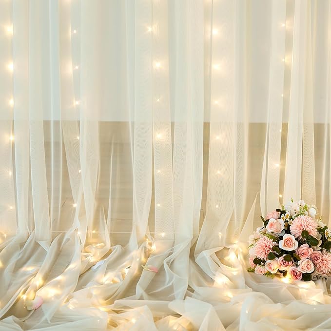 10ft x 10ft Ivory Tulle Photo Backdrop Curtain with Lights String for Parties Wedding Sheer Ivory Curtain Backdrop for Birthday Party Bridal Shower Photo Booth Photography Background Decorations