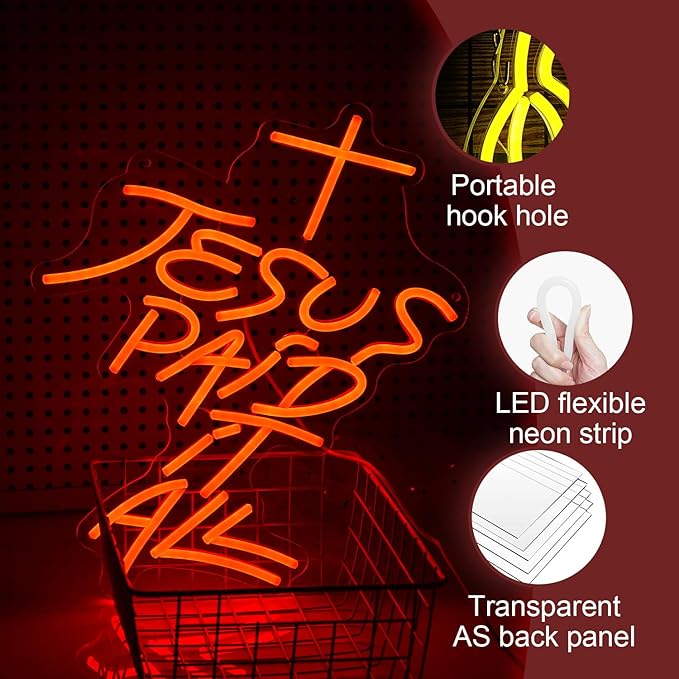 Jesus Paid It All Neon Sign Red Cross Neon Light for Wall Decor Dimmable Jesus Cross LED Light Up Sign for Christian Church Christams Home Wedding Decor Birthday Gifts(16.7 * 12.8In)
