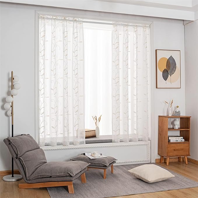 VISIONTEX Sheer Curtains 120 inch Length 2 Panels Set, White Voile Crushed Cream Vine Leaves Embroidery, Rod Pocket Embroidered Window Drapes for Living Room and Bedroom, 54" x 120"