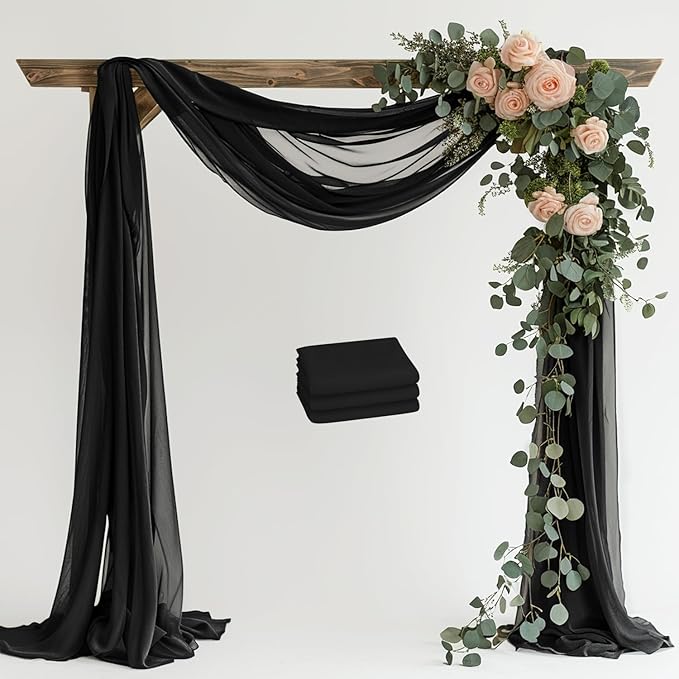 Wedding Arch Draping Fabric 3 Panels 28.7" x 20FT Black Sheer Chiffon Backdrop Drapes for Wedding Ceremony Birthday Party Bridal Shower Outdoor Decoration