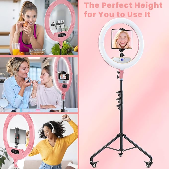 22" Foldable Ring Light with Stand for iPhone ipad, 75" Tripod with Wheels 50W 6500K LED Display/2 USB Ports Large Ringlight Rolling, Tattoo Barber Makeup Studio Video Photography Lighting(Pink)