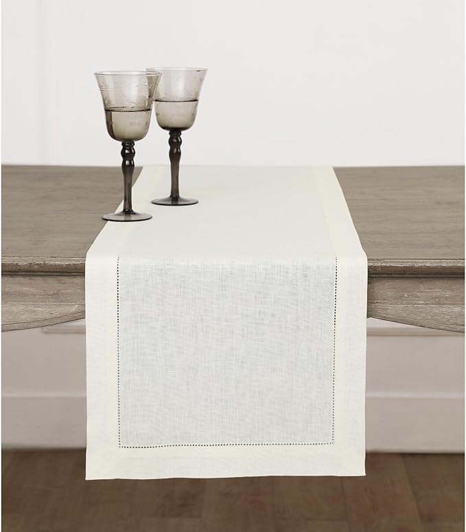 Solino Home Linen Ivory Table Runner 72 Inches Long - 100% Pure Linen Hemstitch Table Runner 14 x 72 Inch for Dresser, Dining, Fall, Halloween, Thanksgiving, Christmas, Holiday - Classic Hemstitch