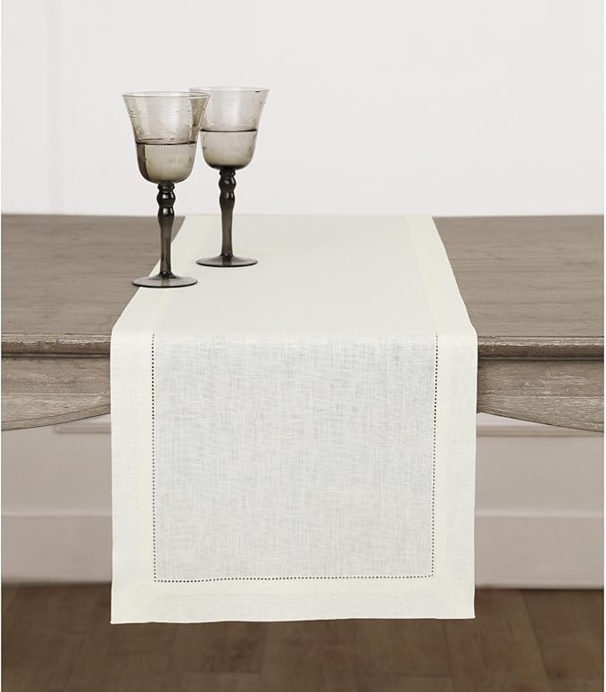 Solino Home Linen Ivory Table Runner 120 Inches Long - 100% Pure Linen 14 x 120 Inch Table Runner for Fall, Autumn, Thanksgiving, Christmas - Classic Hemstitch