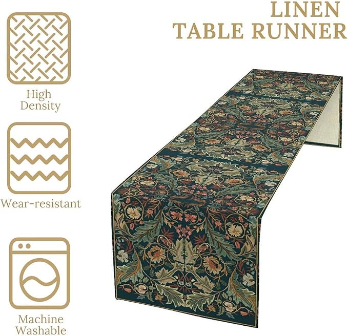 Green Morris Floral Table Runner, Boho Rustic Country Farmhouse Teal Red Rose Pattern for Home Kitchen Table Decor Dining Coffee Room Party Decor 13x36in