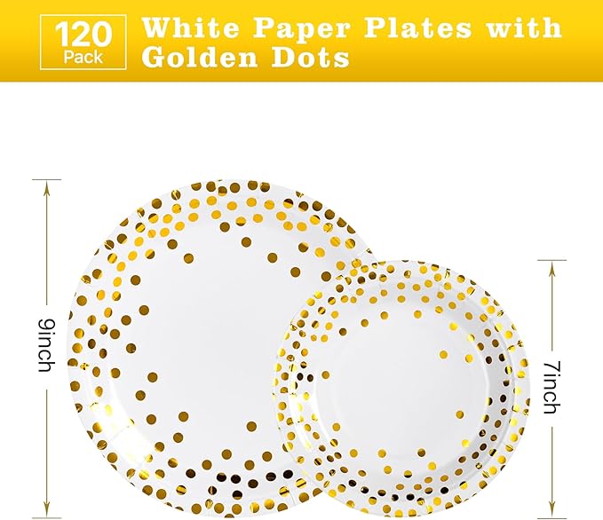 Lullaby 120PCS White Paper Plates, Disposable Gold Paper Plates, 60pcs Dinner Plates 9"，60pcs Dessert Plates 7", Party Plates with Golden Dot for Birthday, Gathering and Graduation