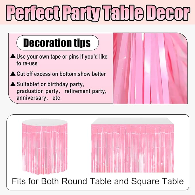 3 Pack 29x108 Inch Macaron Pink Foil Fringe Table Skirts Metallic Banner for Tinsel Streamer Garland Backdrop for Parade Floats Wedding Thanksgiving Birthday Christmas Halloween Party Decoration