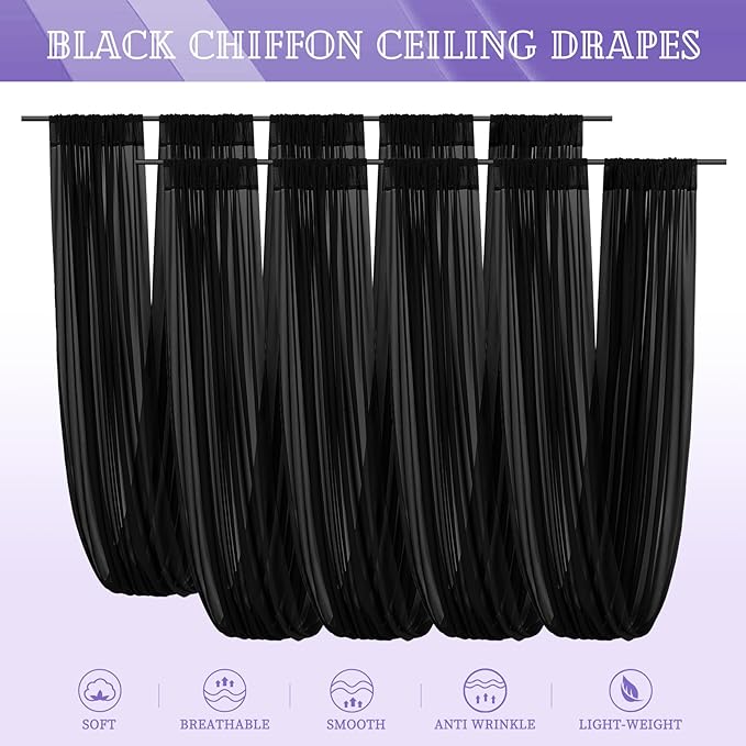 8 Panels Black Ceiling Drapes for Wedding 5ftx20ft Sheer Drapery Chiffon Fabric Arch Draping Curtains for Party Ceremony Birthday Baby Shower Reception Stage Ceiling Decorations
