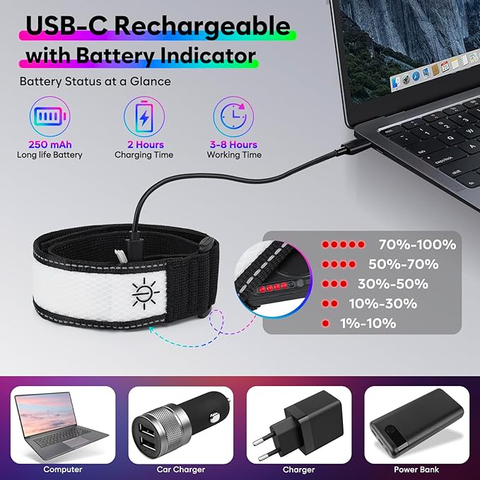 LED Armband for Running Walking Cycling, Multicolor Light Up Armband with Battery Indicator, Rechargeable Running Lights Safety Band for Night Visibility,Adjustable Reflective Gear for Adults & Kids