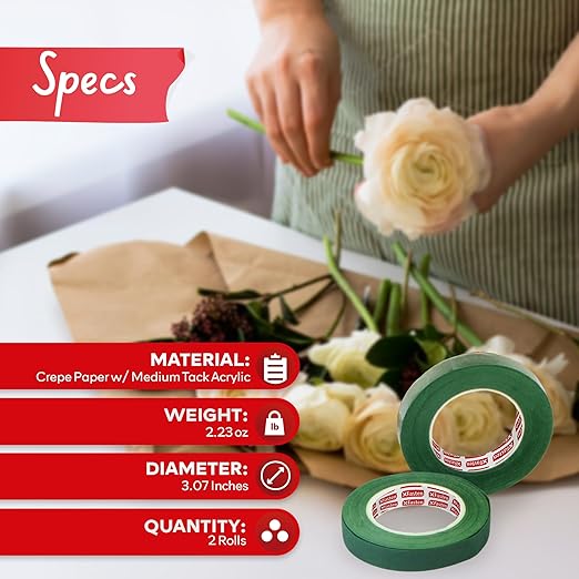 XFasten Wide Floral Tapes for Bouquet 1/2-Inch x 30 Yards - Dark Green (2-Pack) Bouquet Stem Wrap Tape for Florist – Waterproof Boutineer Tape for Flower Stem Wrap and Craft Adhesive