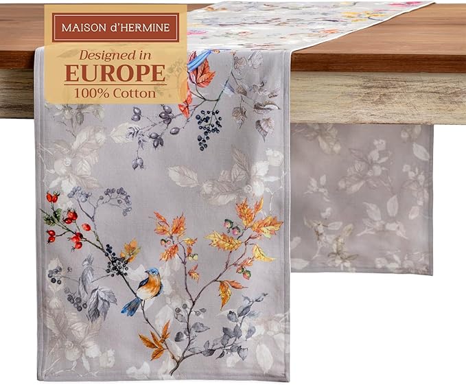 Maison d' Hermine Table Runner 100% Cotton Double Layer Table Runners 108 inches Long for Thanksgiving Christmas Decorations Home Kitchen Dining Party Wedding (Equinoxe - Grey, 14.5" x 108")