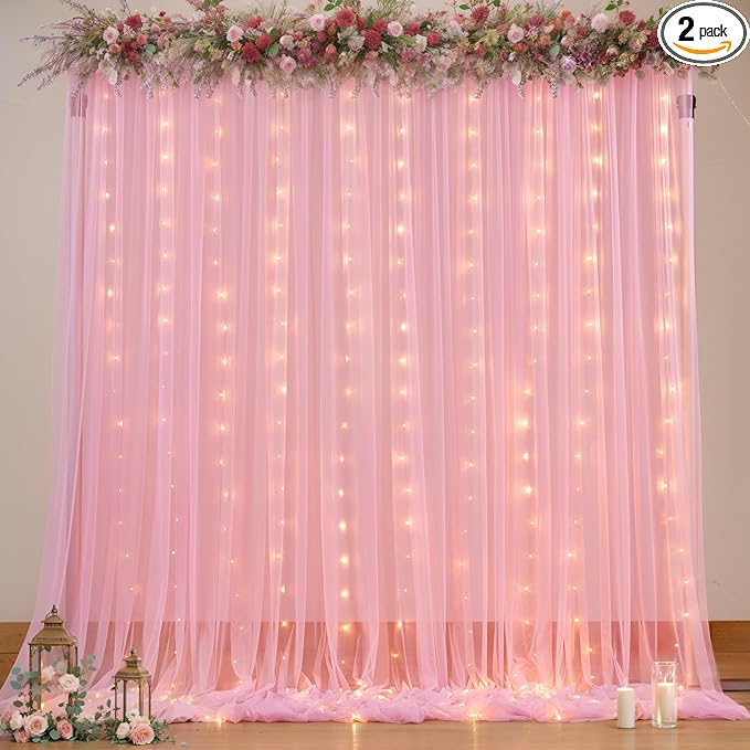 Sheer Backdrop Curtains with Lights String for Weddings Baby Showers, 10x10ft Sheer Tulle Photo Backdrop Curtains for Birthday Party Photography Background Decoration, Pink
