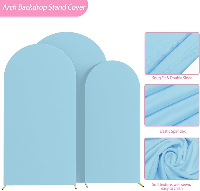 Fomcet Wedding Arch Cover 7.2FT, 6.6FT, 6FT Dusty Blue Spandex Fitted Fabric Backdrop Set of 3 Round Top Chiara Arch Backdrop Stands Covers for Wedding Ceremony Birthday Party Baby Shower Decor