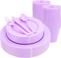 KIRE 150 PCS Purple Plastic Plates - Purple Dinnerware Set Disposable 25 Dinner & 25 Salad Plates 25Forks 25Knives 25Spoons 25Clear Cups for Birthday/Baby Shower