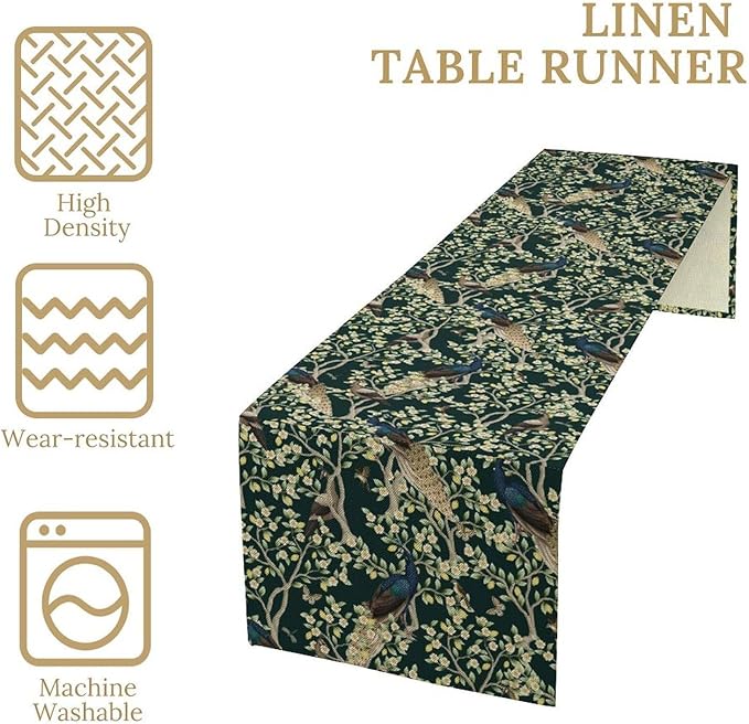 Peacock Table Runner,Retro Floral Plants Peacock Table Runner for Home Kitchen Dining Party Indoor Outdoor Decoration 13x36 Inch
