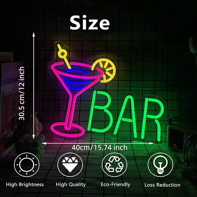 Neon Bar Sign USB-Powered Pink Bar Wall Decor for Home Bar, Man Cave Multi-Scene LED Lighting Neon Light