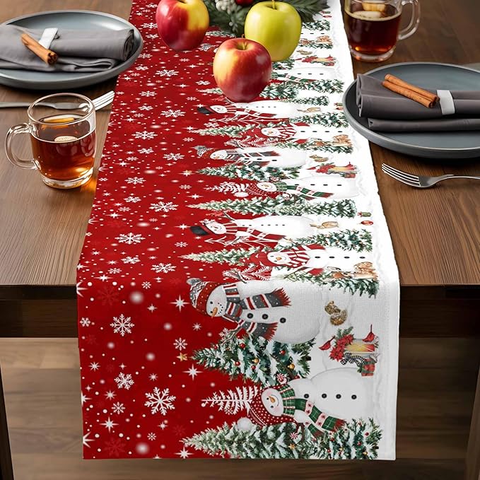 Christmas Snowman Cotton Linen Table Runner for Dining Kitchen, Xmas Tree White Snowflakes Winter Wedding Outdoor Party Tablerunners Decoration, Dresser Scarf Coffee Tablecloth Runners 13x48 Inches