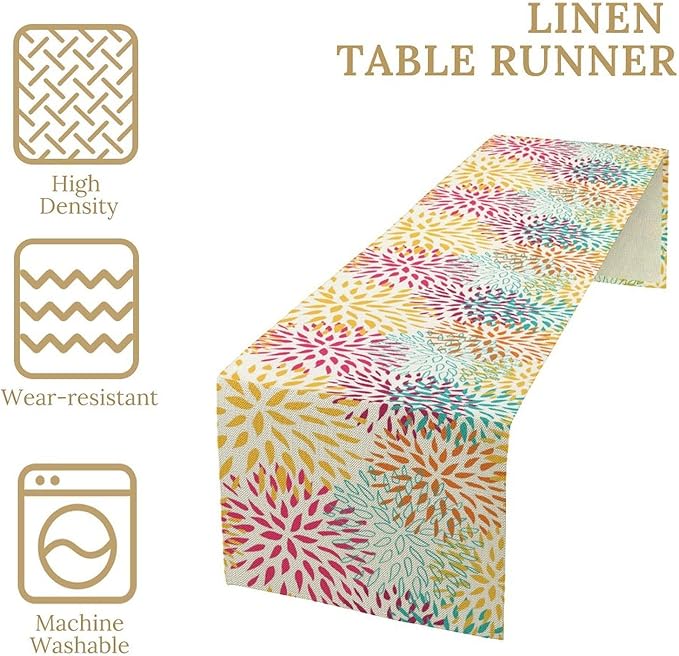Abstract Flowers Table Runner, Chrysanthemum Dahlia Vintage Modern Colorful Spring Summer Elegant Table Runner for Party Kitchen Dining Living Room Laundry Room Decor, 13x90 Inch