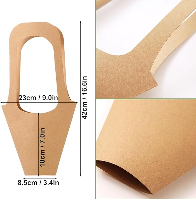 50Pcs 16.5" Kraft Paper Bouquet Bags with Handle, Florist Gift Wrapping Supplies Kit Includes Decorative Lace Ribbon, Floral Tape, Shears for Flower Arranging, Wedding, Party Decor