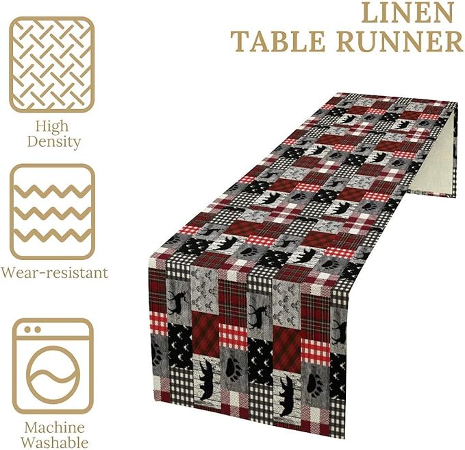 Rustic Farm Table Runner,Vintage Woodland Deer Bear Animal Buffalo Plaid Print Tablecloth Burlap for Hotel Indoors Outdoor Dining Room Kitchen Home Decor,W13X L80 in