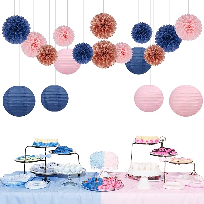 Rose-Gold Navy-Blue Pink Party Decorations - 18pcs Gender Reveal Decor,Tissue Pom Poms Event Supplies,Paper Flowers,Paper Lanterns,Baby Shower decoration,Birthday,Engagement,Bachelorette,Wedding