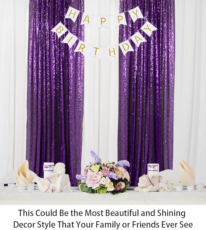 ShinyBeauty Sequin Curtains 2 Panels Purple 2FTx8FT Sequin Photo Backdrop Royal Purple Sequin Backdrop Curtain Pack of 2 Shimmer Fabric Backdrop Party Photographic Studio Photo Backgrounds