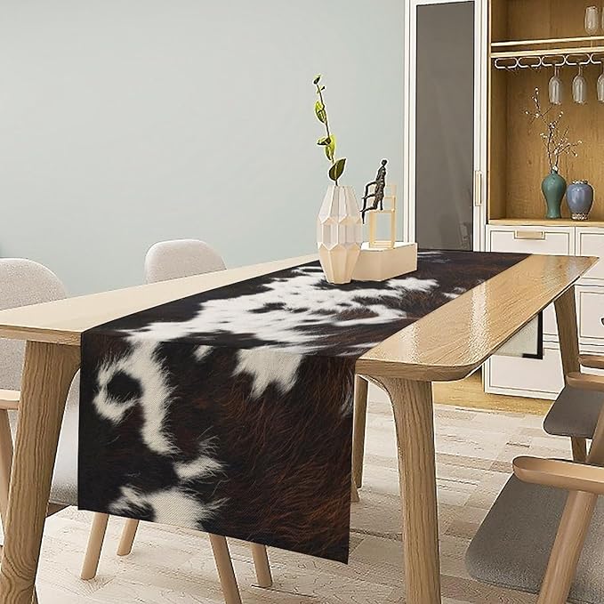 Cow Print Table Runner, Brown Cowhide Print Western Style Table Runner Country Farmhouse Cottage Cow Patten Table Decoration for Home Kitchen Dining, 13x120 Inch