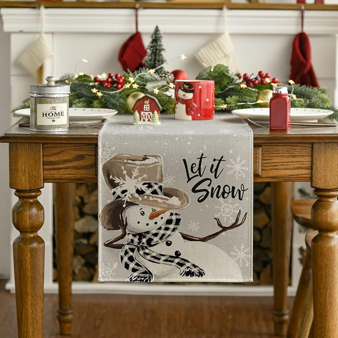 Artoid Mode Grey Snowman Snowflake Let it Snow Christmas Table Runner, Seasonal Winter Kitchen Dining Table Decor for Home Party Indoor 13x36 Inch