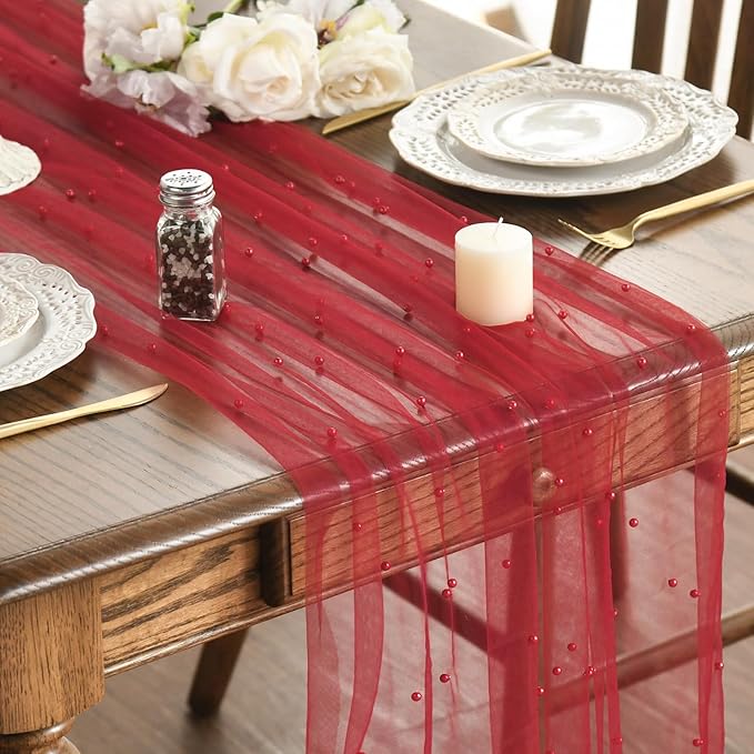 Artoid Mode Pearl Red Gauze Table Runner 120 Inch 10FT, Seasonal Sheer Dining Holiday Wedding Birthday Baby Shower Table Decor for Home Party
