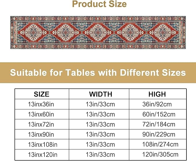 Boho Floral Vintage Table Runner, Red Blue Retro Flower Rustic Country Farmhouse Pattern for Home Kitchen Table Decor Dining Coffee Room Party Decor 13x36in