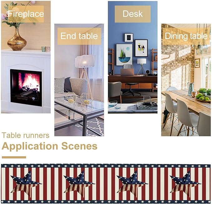 4th of July Table Runner, Patriotic Independence Day American Stars Stripes Flag Print Table Runner for Farmhouse Kitchen Dining Holiday Birthday Party, 13x120inch