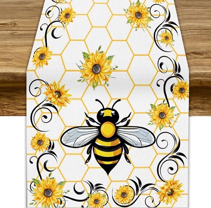 Bee Sunflower Table Runner, Farmhouse Orange Honeycomb Vintage Spring Summer Flowers Print Table Cover for Party Wedding Home Kitchen Dining Table Decor, 13x70inch