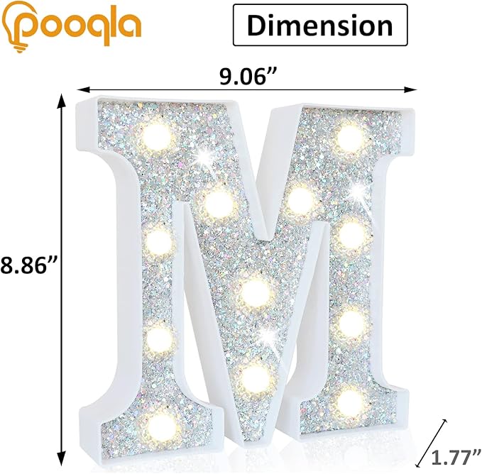 Pooqla Light Up Letters, LED Marquee Letters for Silver Birthday Decorations, Battery Powered Night Light Teenager Girl Room Decor, Gift for Girls Boys Wedding Bedroom Christmas Party Decor, Letter M