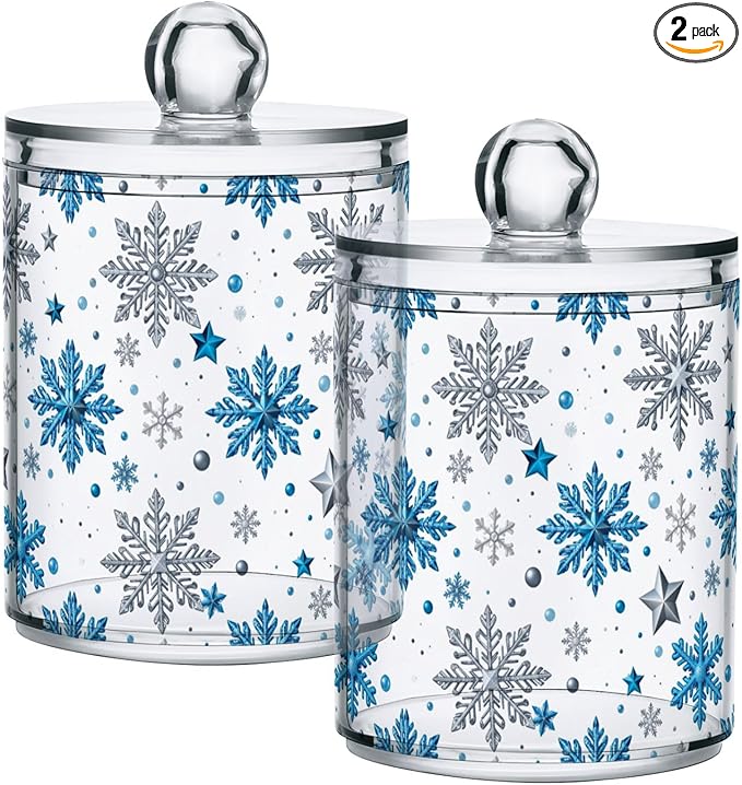 Gredecor Christmas Winter Qtip Holder Dispenser 2 Pack Silver Blue Glitter Snowflakes Bathroom Decorative Storage Canister Holder Counter Vanity Organizer for Cotton Ball Swabs Pads Floss