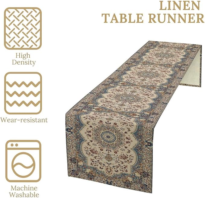 Boho Bohemia Style Table Runner, Vintage Blue Teal Gold Retro Flower Rustic Country Style Floral Print Pattern for Home Kitchen Table Decor Dining Coffee Room Garden Party Decor 13x120in