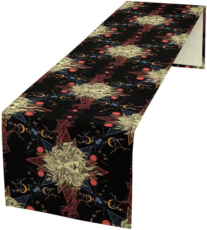 Boho Moon Lion Table Runner, Chinese Fish Phase of The Moon Sun Moon Table Runner for Kitchen Dining Table Home Party,13x36 Inch Black Red